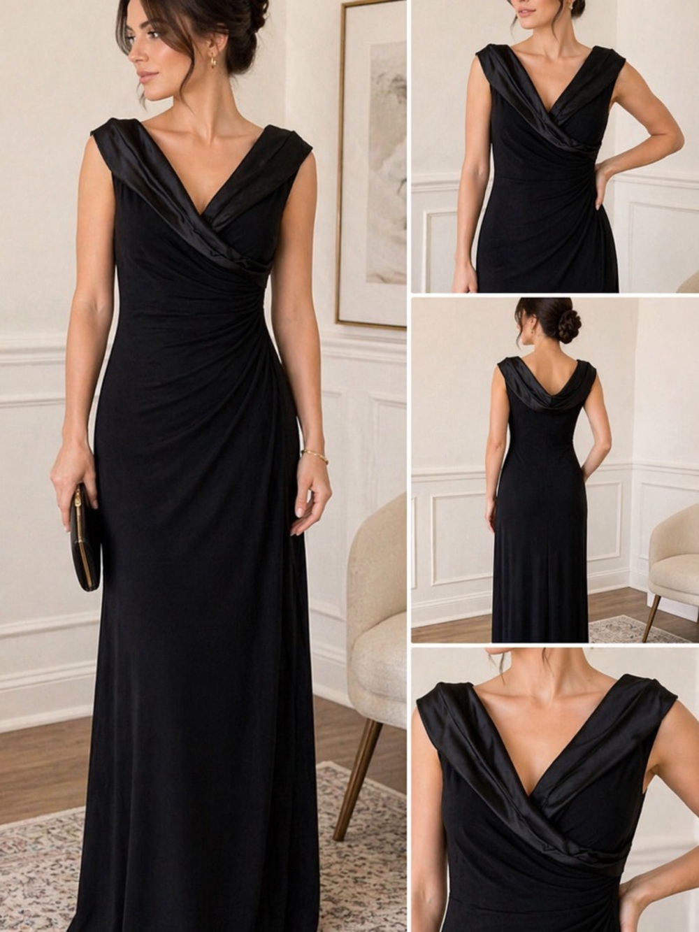 Lauren Ralph Lauren Black Evening Gown Size 14 Draped Neck Formal Dress